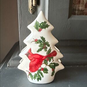 Festive White Ceramic Tree with Red Cardinal Design napkins/card holder